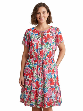 Multicolor Floral Tie-Front Midi Semi-Casual Spring Summer Dress Plus Size 18W